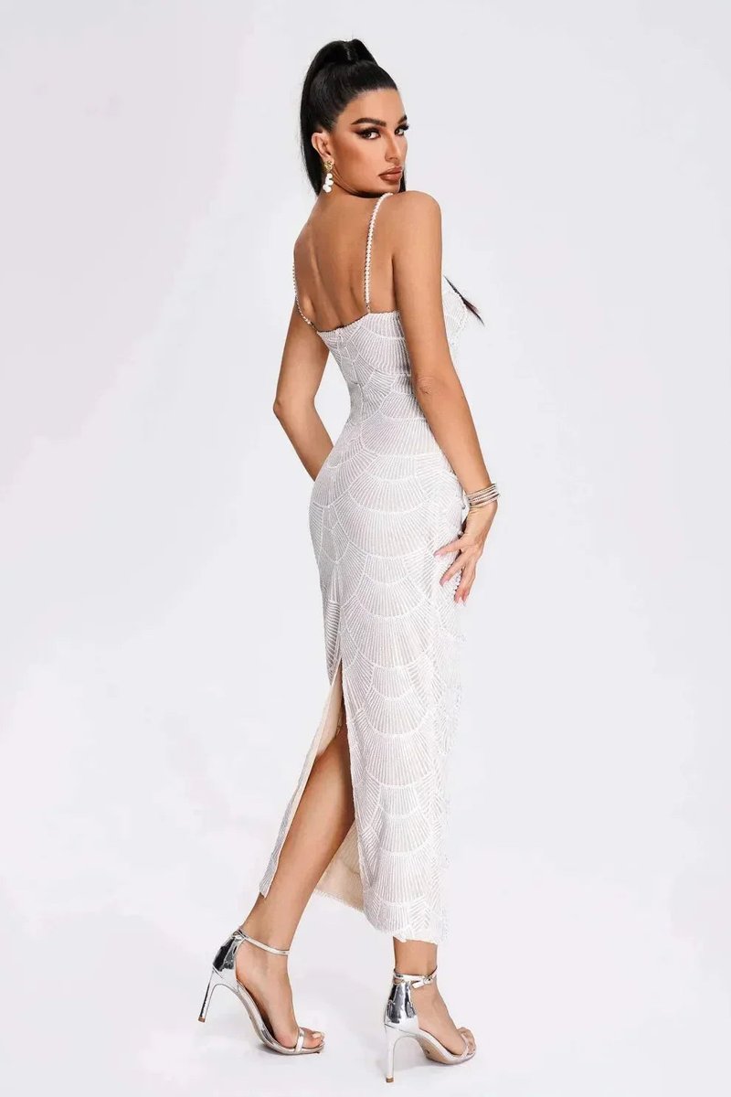 Scarlett | Women's White Beaded Scallop Knitted Midi Party Dress Cut-Out