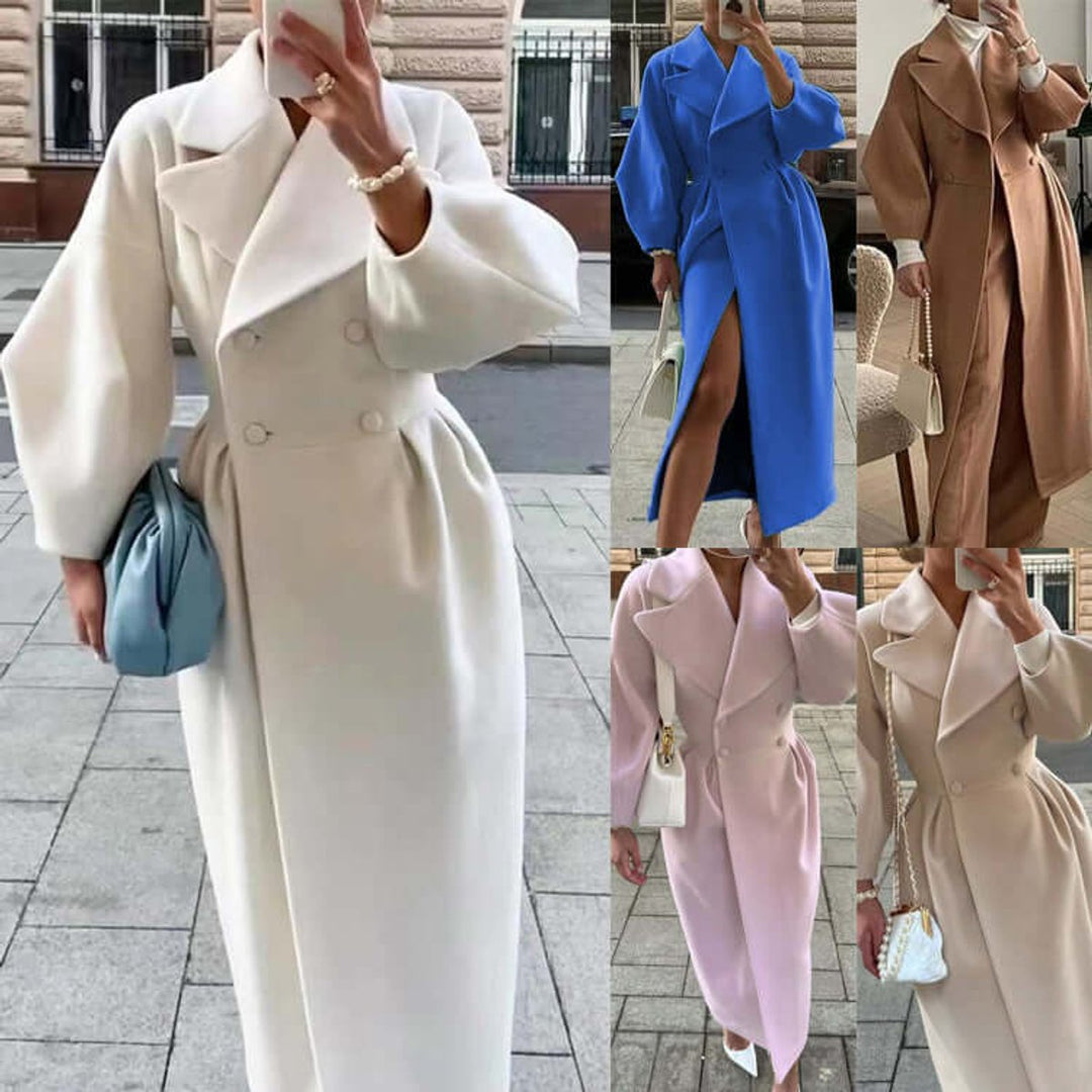 Olivia | Women's Wool Coat Long Double-Breasted Lantern Sleeve Trench Coat
