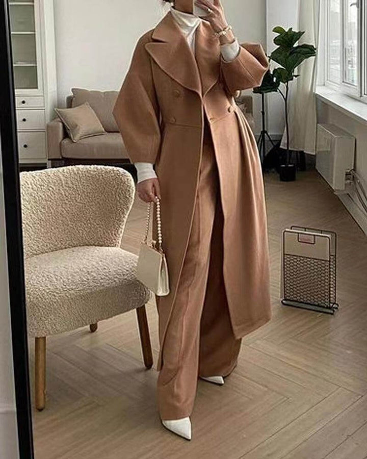 Olivia | Women's Wool Coat Long Double-Breasted Lantern Sleeve Trench Coat