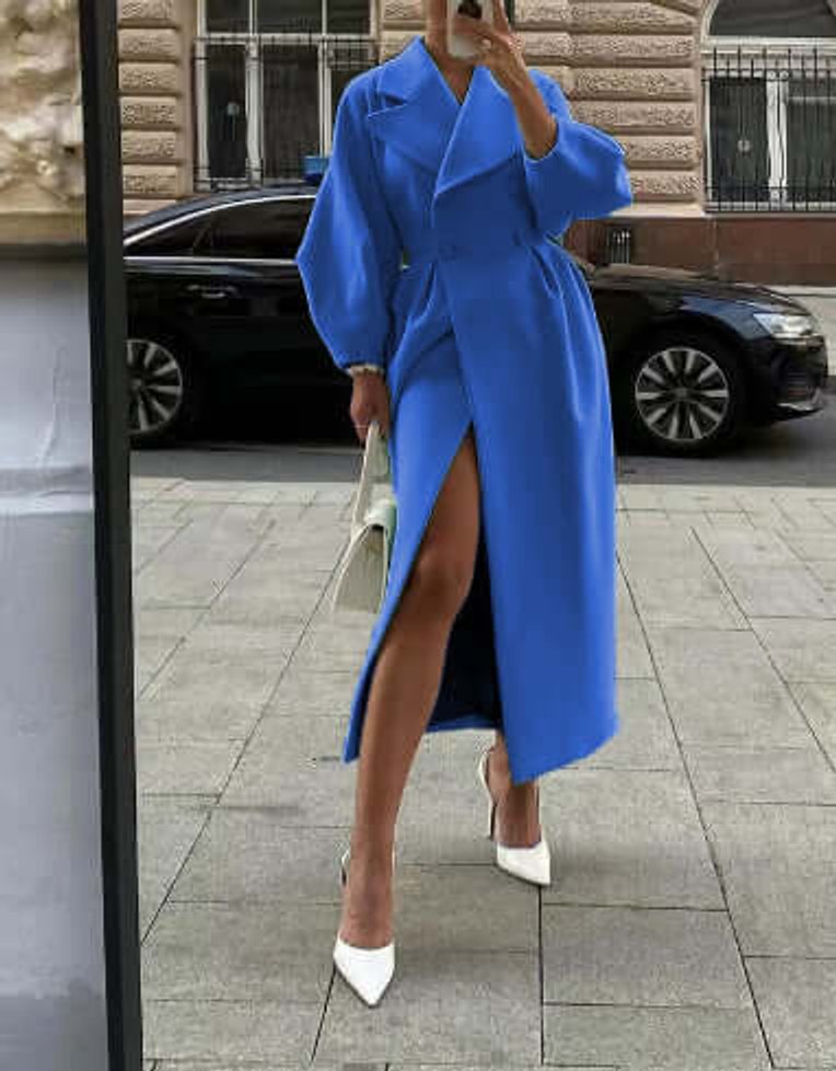 Olivia | Women's Wool Coat Long Double-Breasted Lantern Sleeve Trench Coat