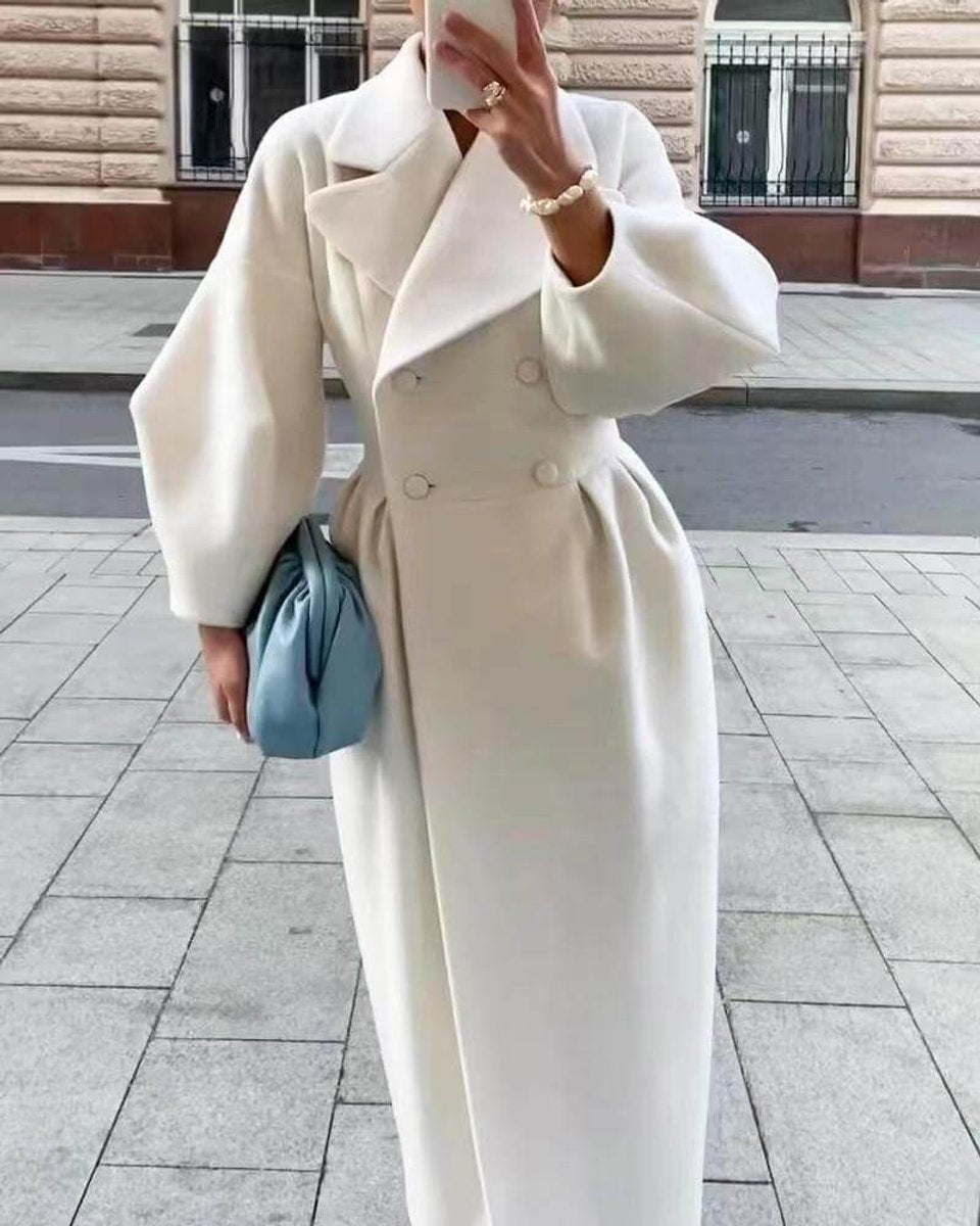 Olivia | Women's Wool Coat Long Double-Breasted Lantern Sleeve Trench Coat