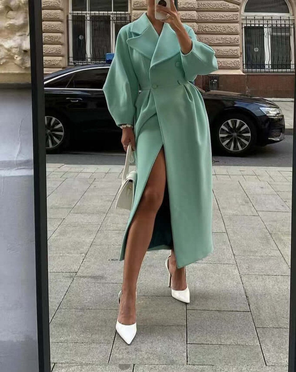 Olivia | Women's Wool Coat Long Double-Breasted Lantern Sleeve Trench Coat