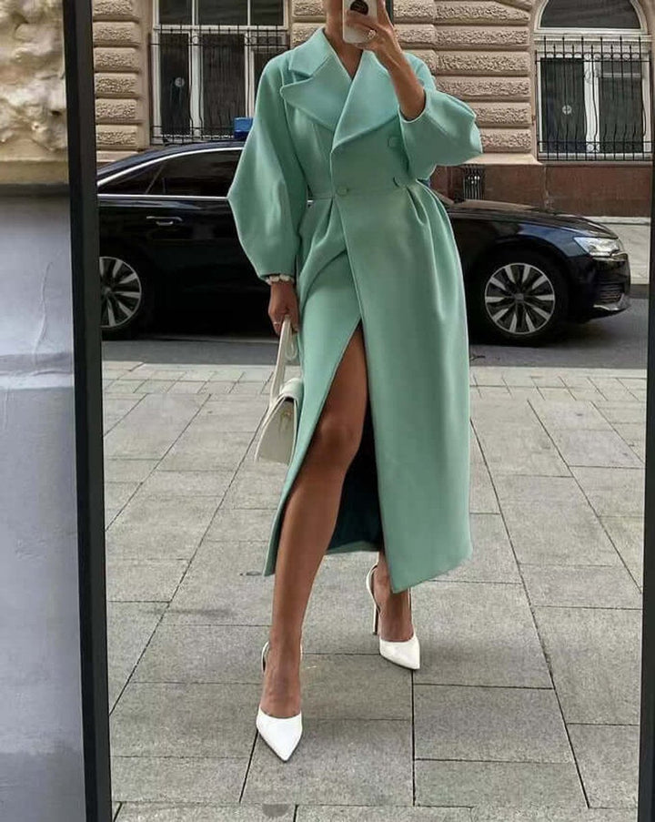 Olivia | Women's Wool Coat Long Double-Breasted Lantern Sleeve Trench Coat