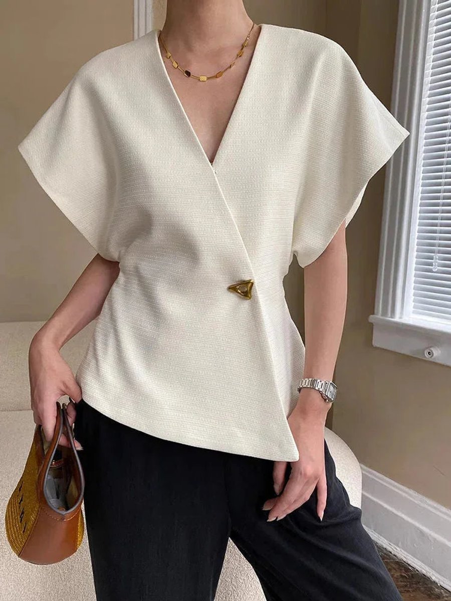 Phoebe | Women's Wrap Blouse Sculpted Cap-Sleeve V-Neck Top