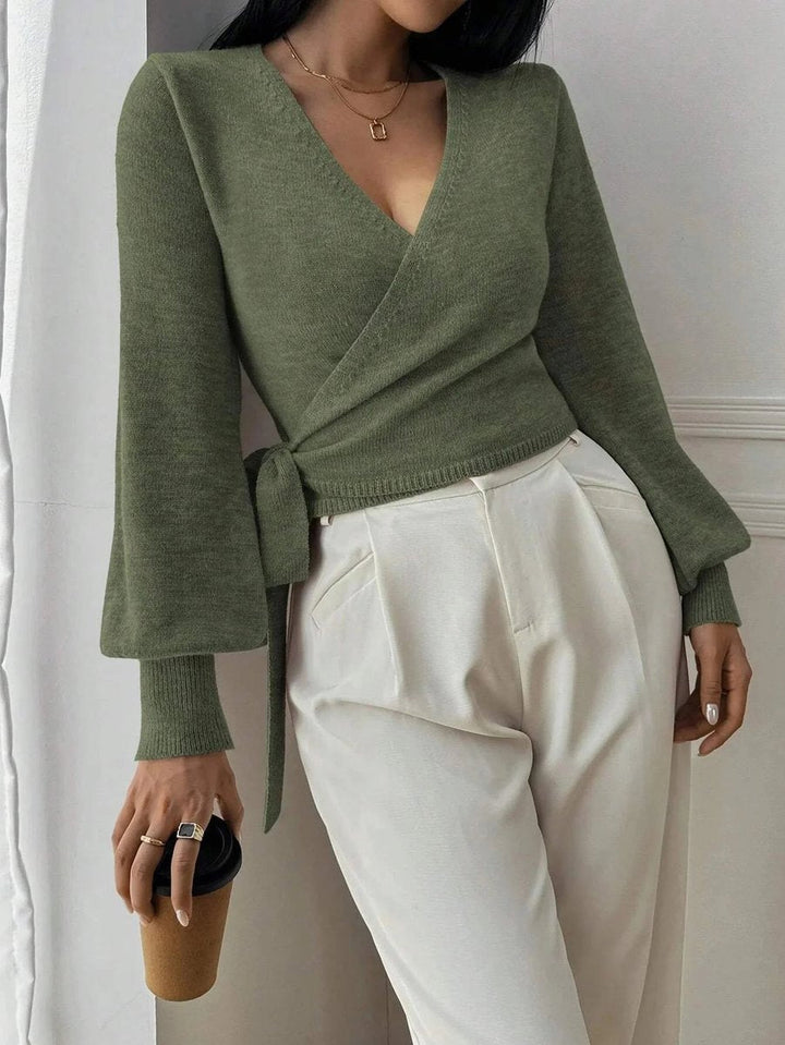Sophie | Women's Wrap Cardigan Cropped Knit Tie Belt Balloon Sleeves