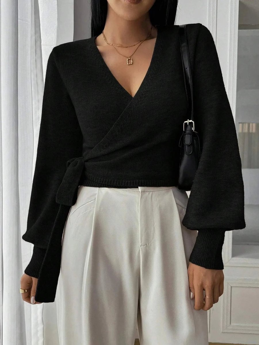 Sophie | Women's Wrap Cardigan Cropped Knit Tie Belt Balloon Sleeves