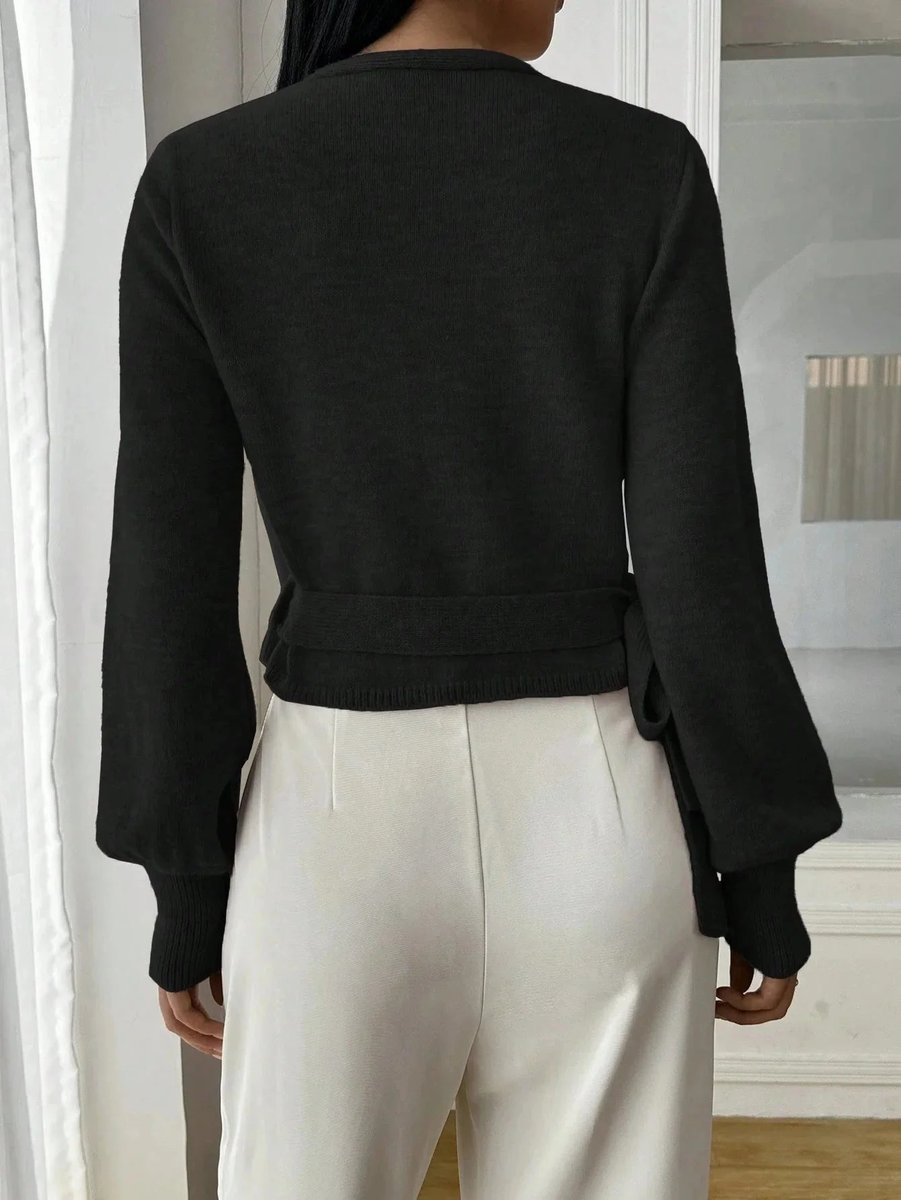 Sophie | Women's Wrap Cardigan Cropped Knit Tie Belt Balloon Sleeves