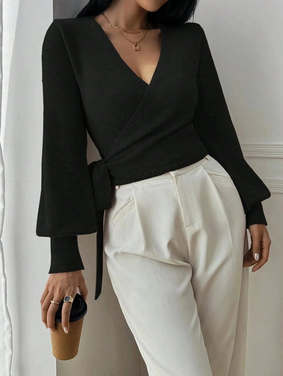 Sophie | Women's Wrap Cardigan Cropped Knit Tie Belt Balloon Sleeves