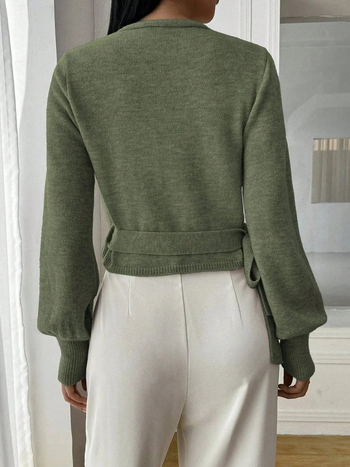 Sophie | Women's Wrap Cardigan Cropped Knit Tie Belt Balloon Sleeves