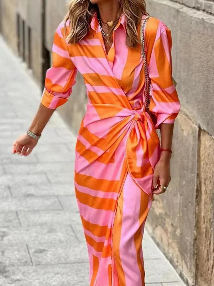 Evelyn | Women's Striped Wrap Midi Dress Long Sleeve Tie Waist