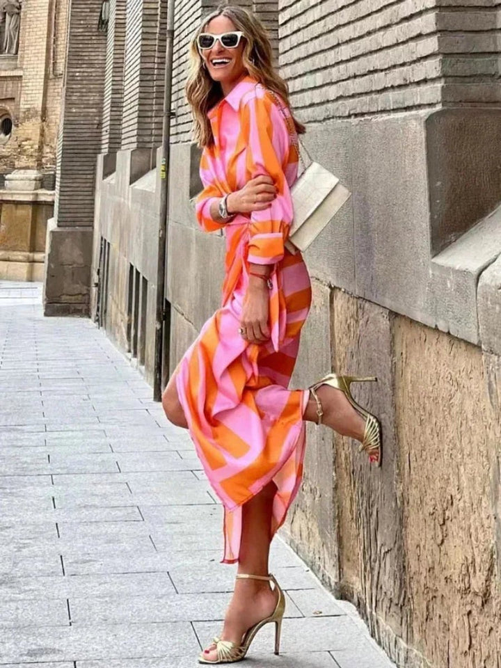 Evelyn | Women's Striped Wrap Midi Dress Long Sleeve Tie Waist