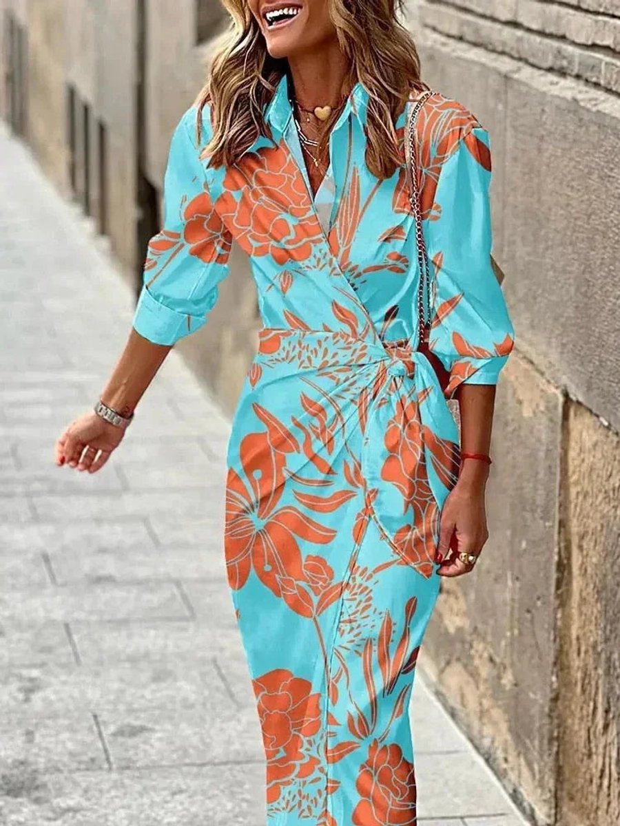 Evelyn | Women's Striped Wrap Midi Dress Long Sleeve Tie Waist