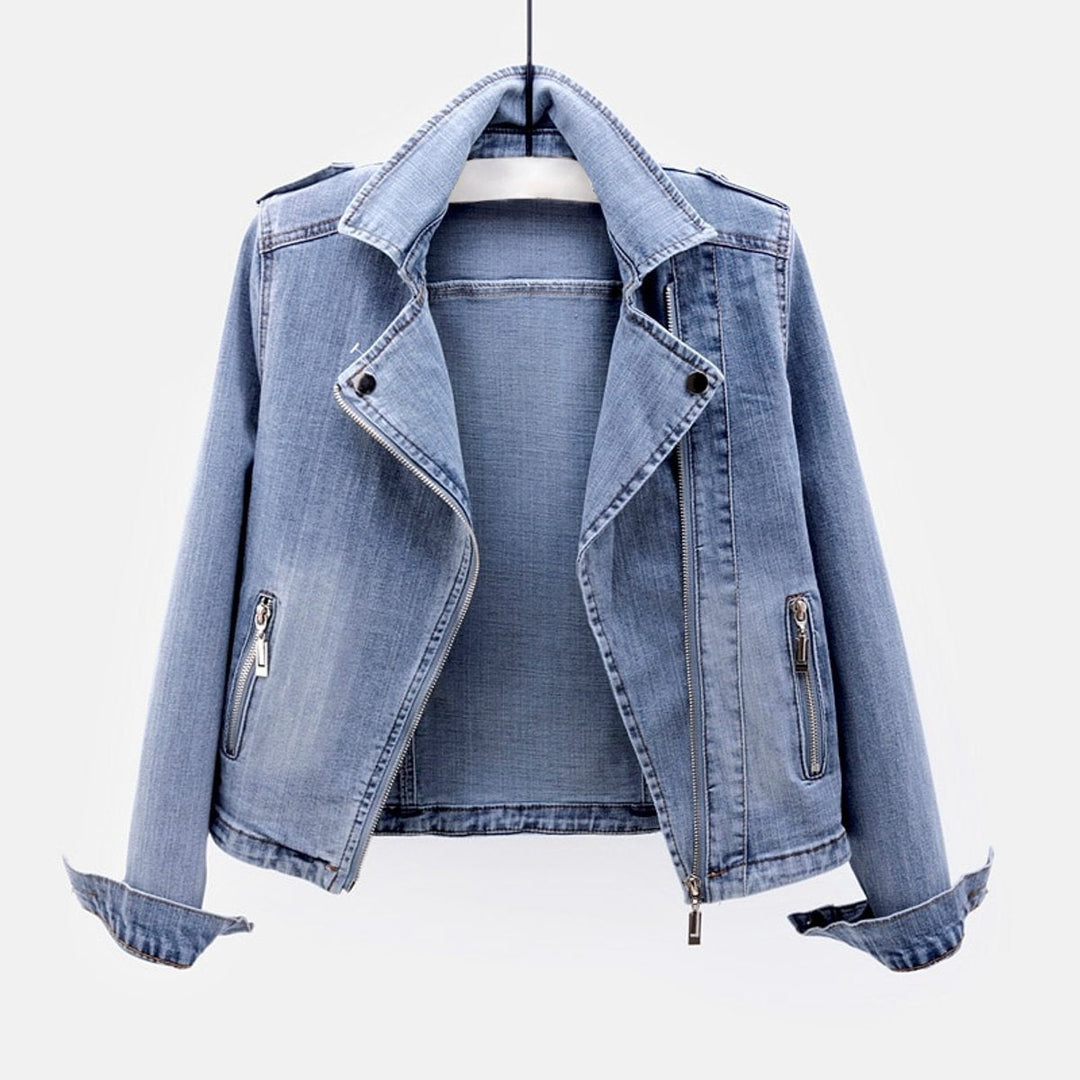 Sophie | Women's Zip-Up Denim Biker Jacket Coat Tailored Fit Zipper Pockets