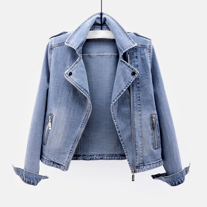 Sophie | Women's Zip-Up Denim Biker Jacket Coat Tailored Fit Zipper Pockets