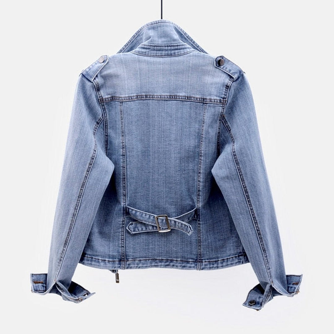 Sophie | Women's Zip-Up Denim Biker Jacket Coat Tailored Fit Zipper Pockets