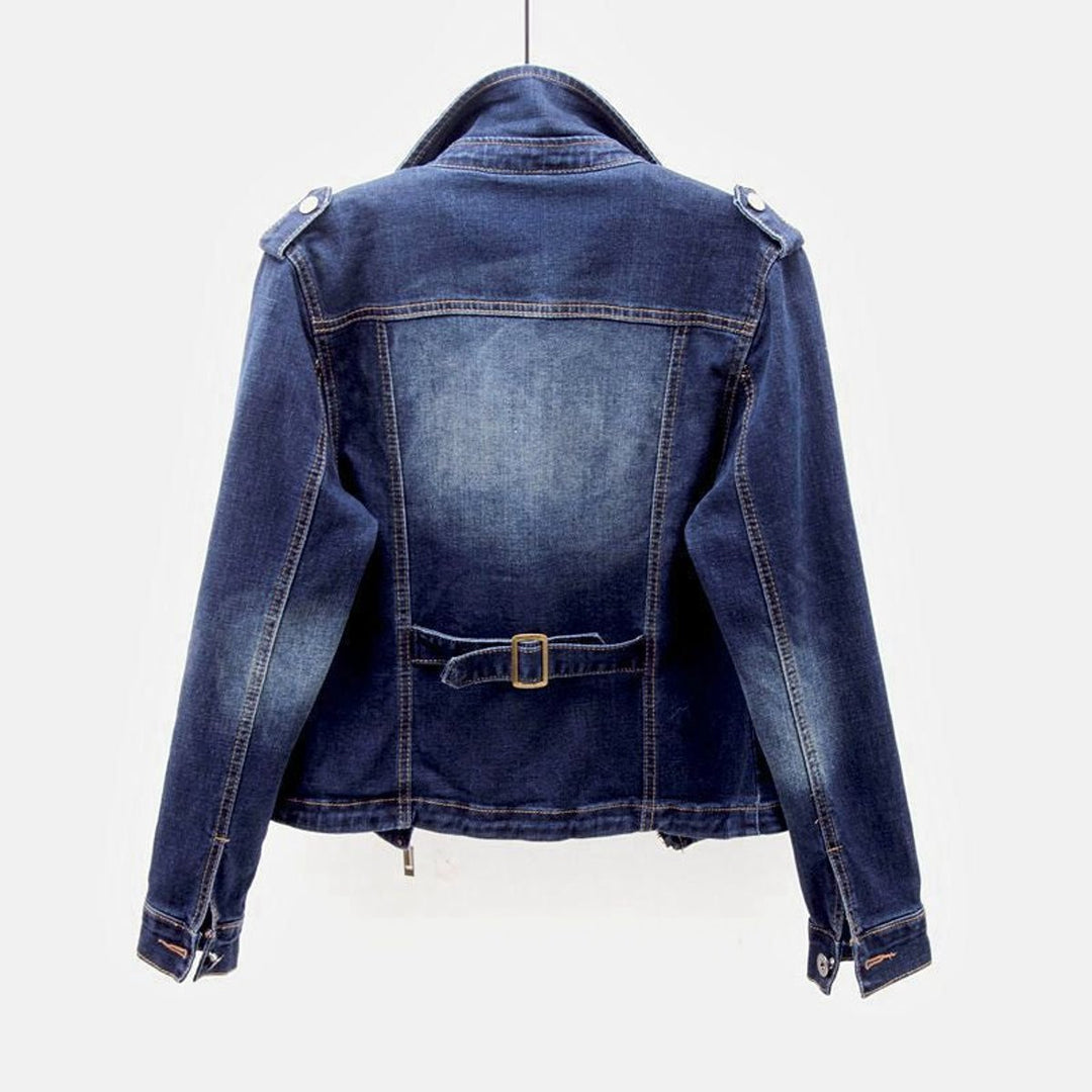 Sophie | Women's Zip-Up Denim Biker Jacket Coat Tailored Fit Zipper Pockets