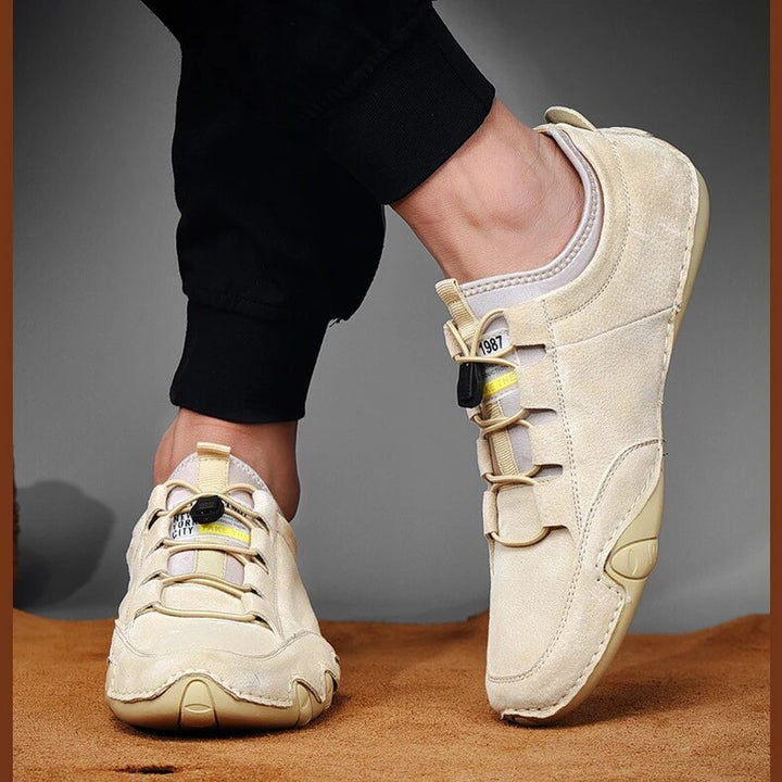 Men's Leather Loafers with Drawcord and Mesh Panels