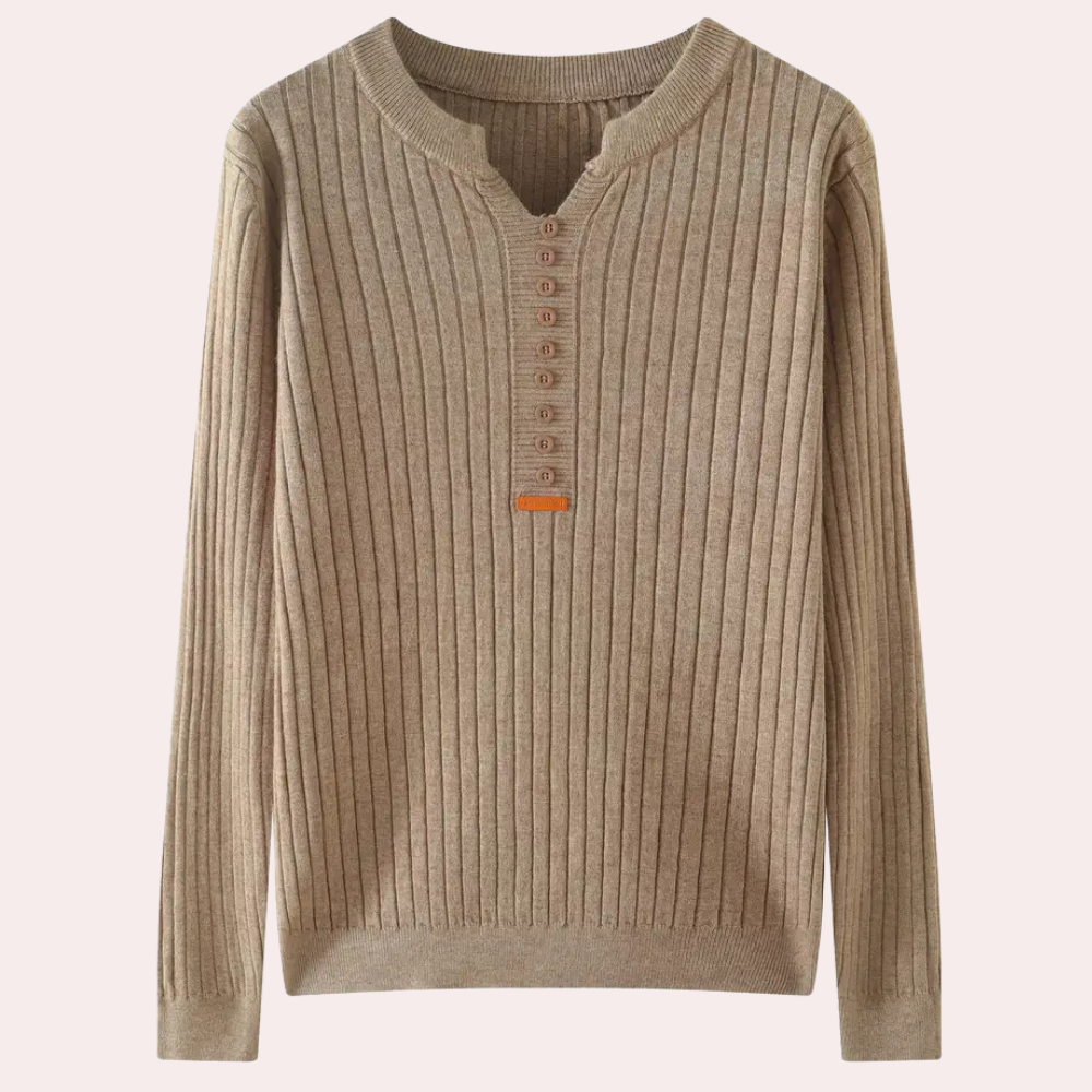Orla | Women's Ribbed Knit Jumper Notched Neck Button Placket