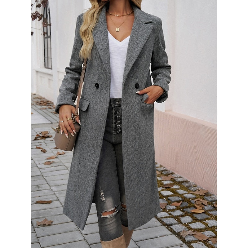 Walpurga | Women's Long Coat Straight Cut Notch Lapel Flap Pockets